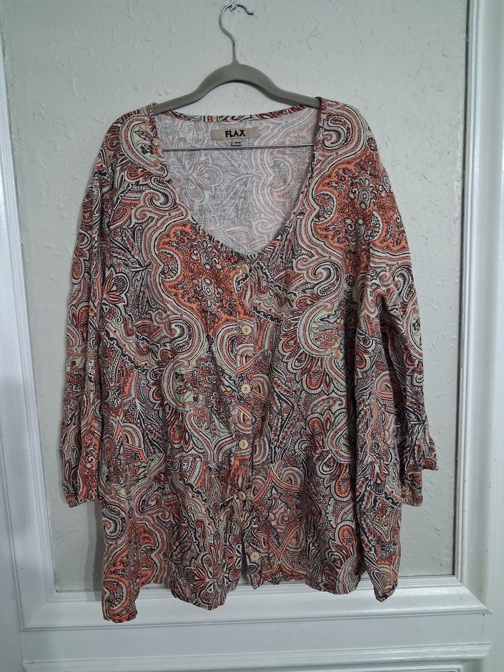 FLAX 100% linen made in Lithuania 2x paisley bell sleeves button up tunic blouse
